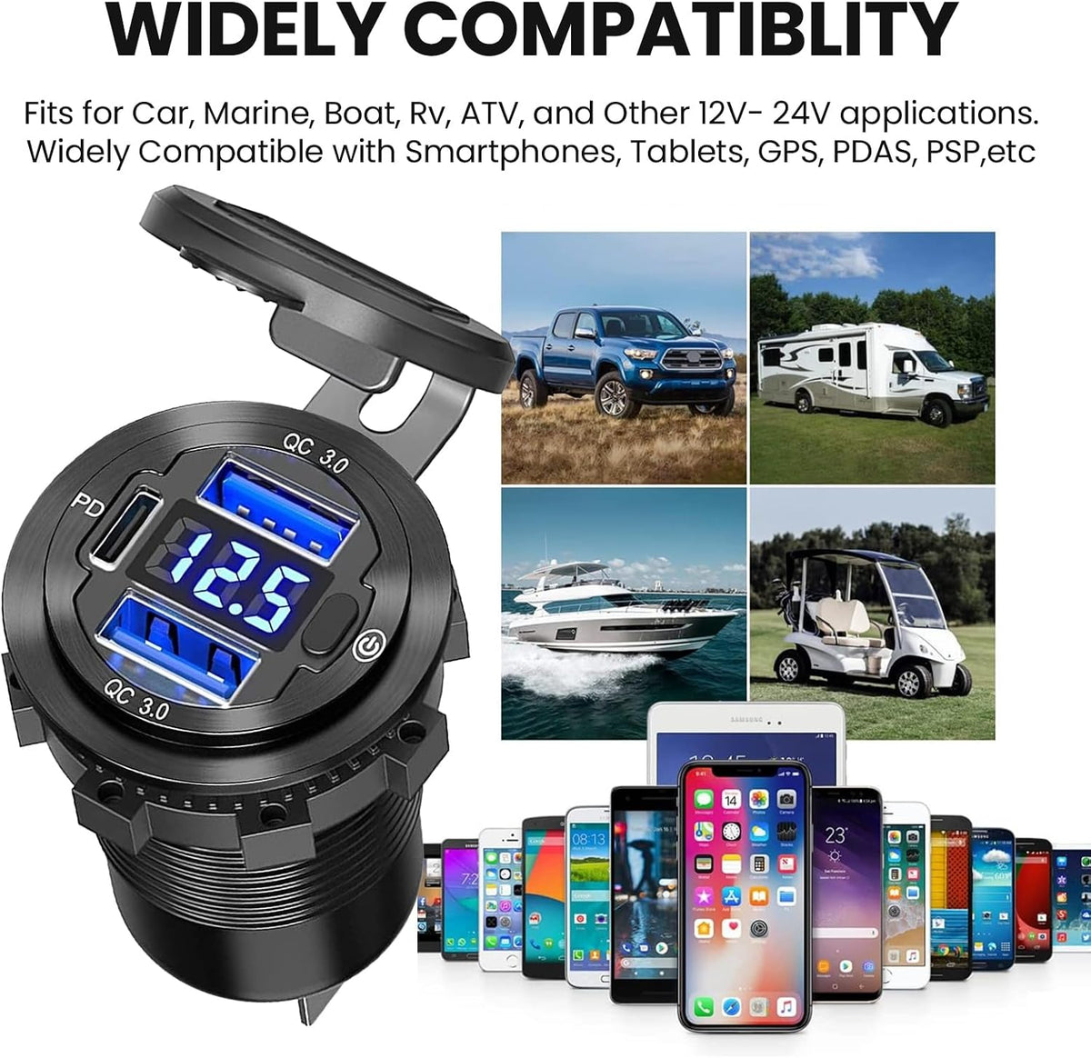 12V USB Car Socket, 3-Port Marine Aluminum USB Quick Charge Waterproof Cigarette Round USB C 12V Outlet for Car Golf Cart Boat Marine Bus Truck RV Marine Motorcycle etc(2QC+1PD(1Pack))