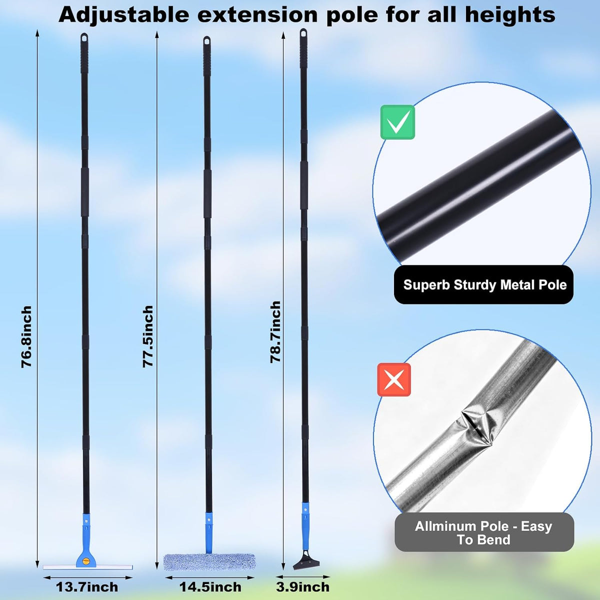 3-in-1 Professional Window Squeegee Kit with 2 Squeegee, 2 Microfiber Scrubber, 1 Razor Scraper, Thick Iron, 77.5" Window Squeegee with Extension Pole for Car, Glass, Mirror, Wall, Bathroom, Home, Van