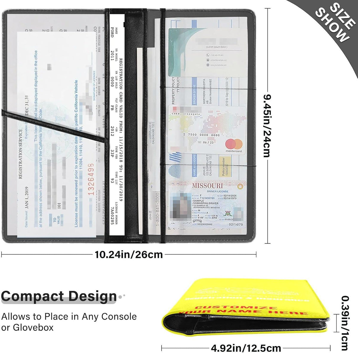 Custom Car Registration and Insurance Card Holder Personalized Leather Glove Box Organize Men Women Wallet Accessories Case for Cards, Essential Document Driver License Yellow