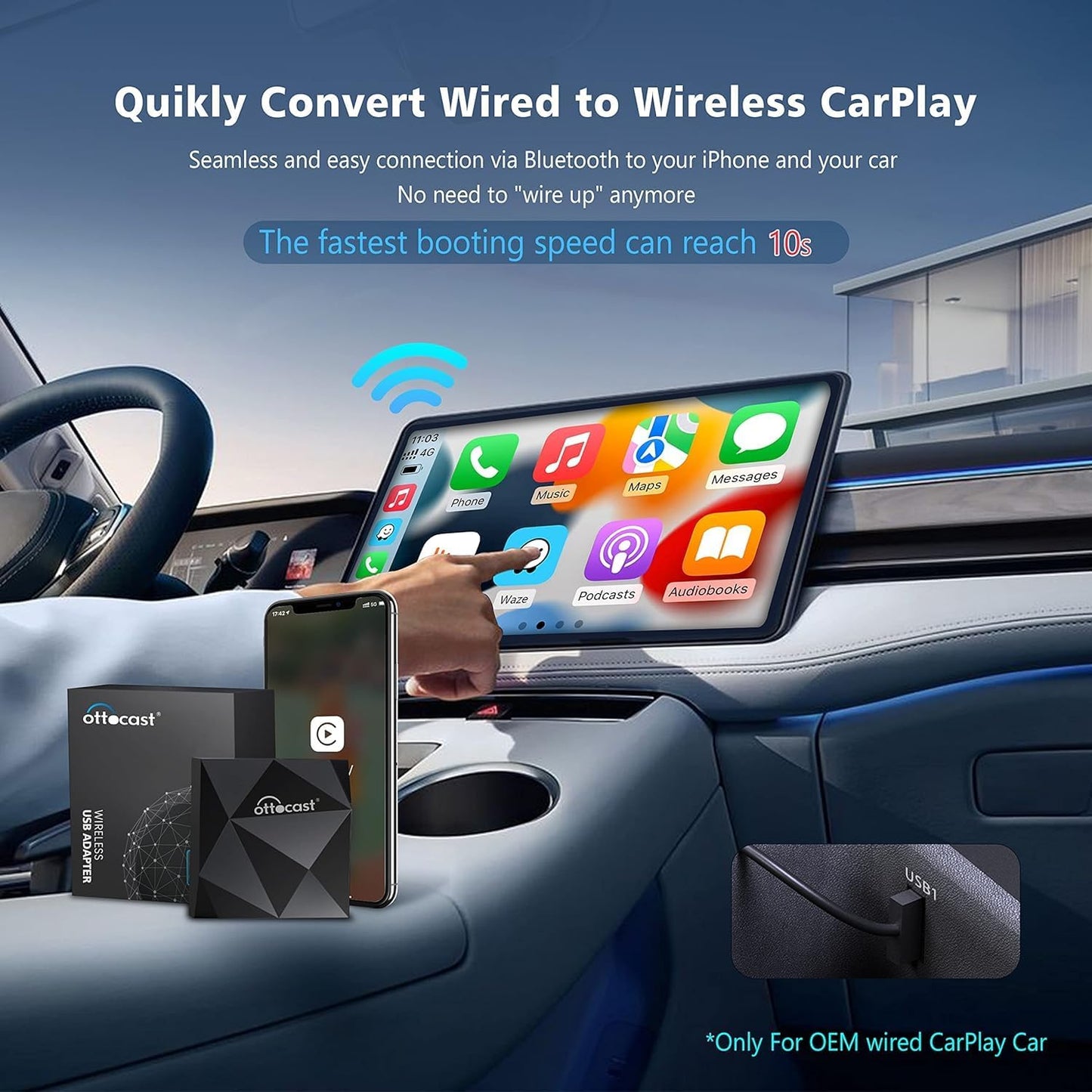 OTTOCAST U2-AIR Wireless CarPlay Adapter for Apple iPhone, Convert Wired to Wireless Plug & Play Dongle 5Ghz WiFi Auto Connect Online Update for iPhone & OEM Wired CarPlay Cars