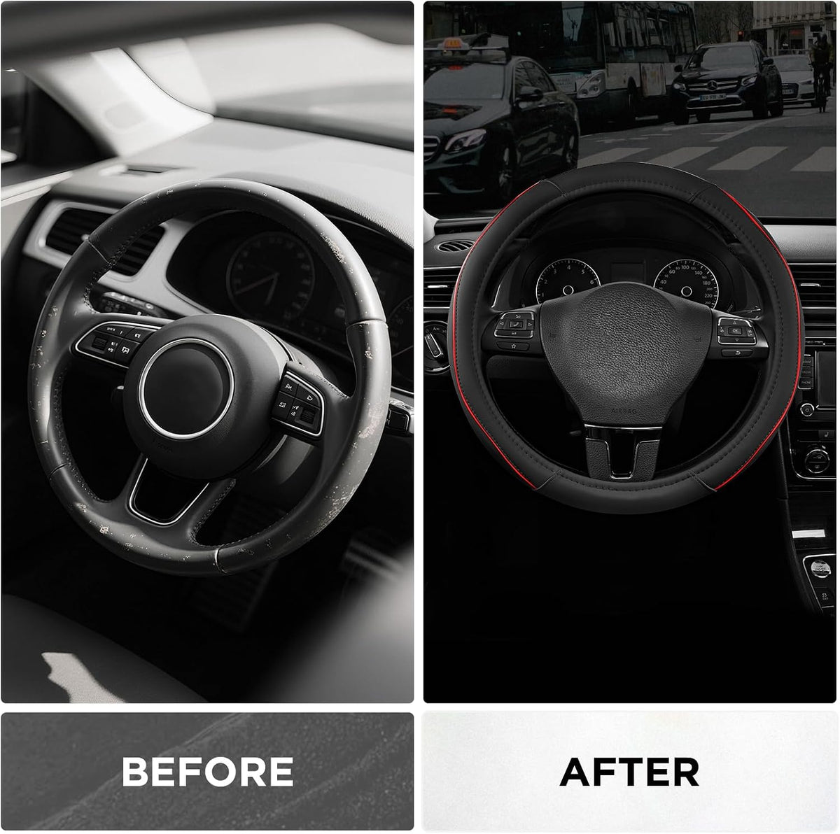 Road Comforts Leather Steering Wheel Cover with Decorative Trim and Piping, Anti-Slip Breathable Design, Fits 14.5–15 Inch Round Steering Wheels, Snug Fit, Stylish Interior Upgrade - Red