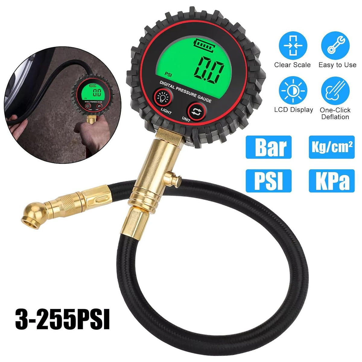3-255PSI Digital Tire Pressure Gauge with 360° Rotatable Chuck LCD Display Support One-Click Deflation for SUVs RVs Cars