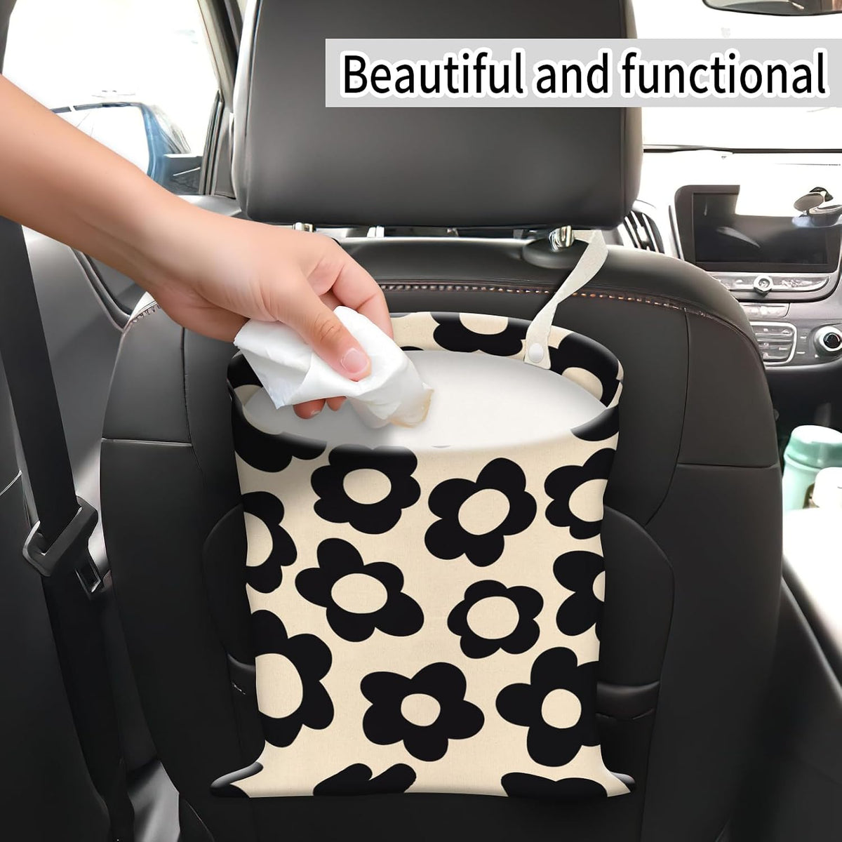 Car Trash Can, Hanging Garbage Bin for Men and Women, Cute Car Organizer and Storage Bag, Canvas Vehicle Trash Can Bag Easy-to-Install Boho Black Floral