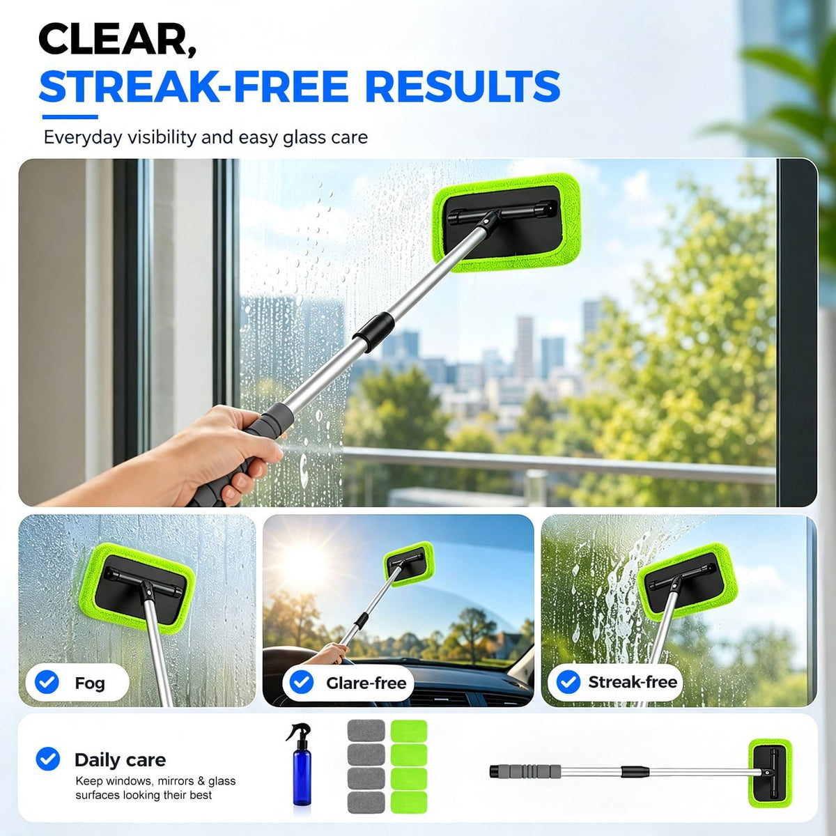 XINDELL Interior Windshield Cleaner Tool – Car Window Cleaning Tool Extendable Handle for Easy Cleaning, 9pcs Reusable Microfiber Pads, Streak-Free Interior & Exterior Auto Glass Cleaner