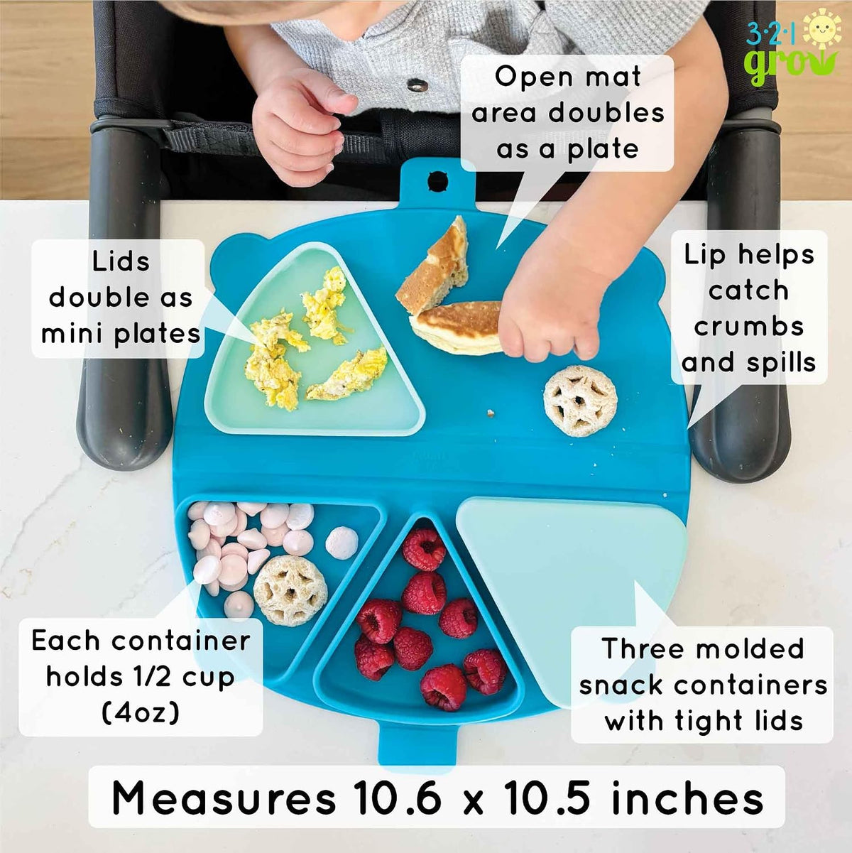 Silicone On-The-Go Snack Mat – Foldable Reusable Placemat with 3 Compartments and Lids – Travel-Friendly Baby and Toddler Snack Plate – Dishwasher Safe (Aqua)