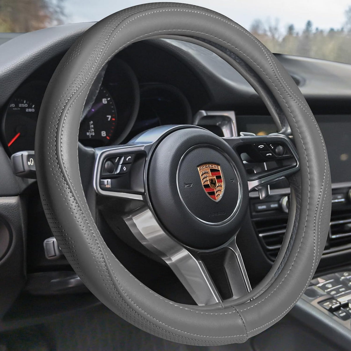 HAOKAY Top Grade Black Genuine Leather Steering Wheel Cover Women Men, Luxury Steering Wheel Cover for Cars, SUVS and Trucks, Universal 14.5-15 inch