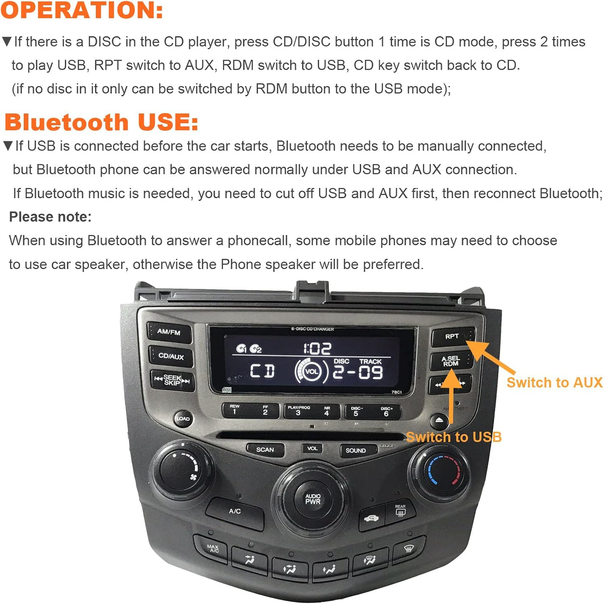 Bluetooth Car Kit with Handsfree USB AUX Input for Honda OEM Radio