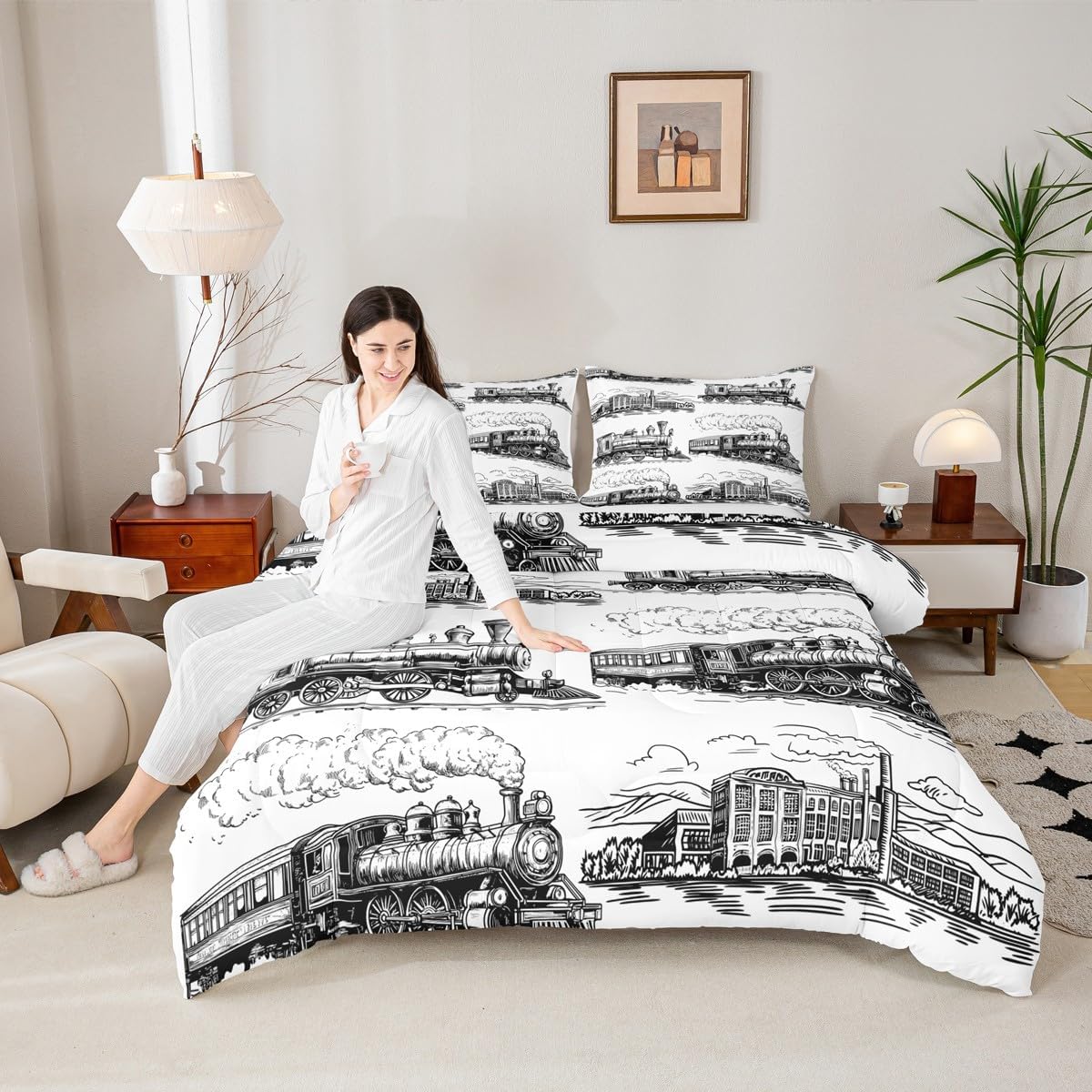 Manfei Train Comforter Set Queen Size, Retro Steam Locomotive Train Down Comforter with 2 Pillowcases, Vintage Train Bedding Set 3pcs for Kids Boys Adults Bedroom Decor Lightweight Duvet Insert