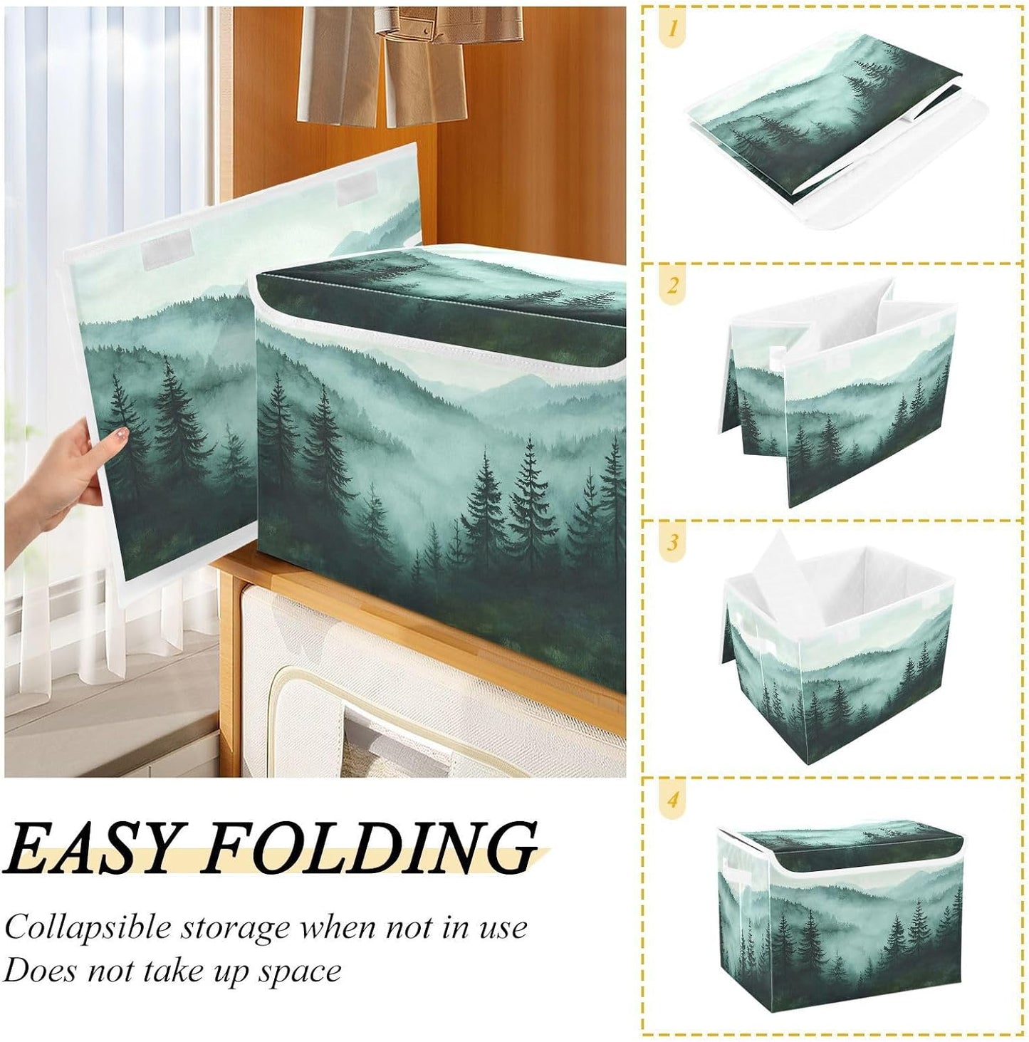 Green Mountains and Pine Trees Collapsible Storage Bins with Lids Decorative Fabric Cubes Closet Organizer Basket Boxes Containers for Clothes Box Chest Nurs