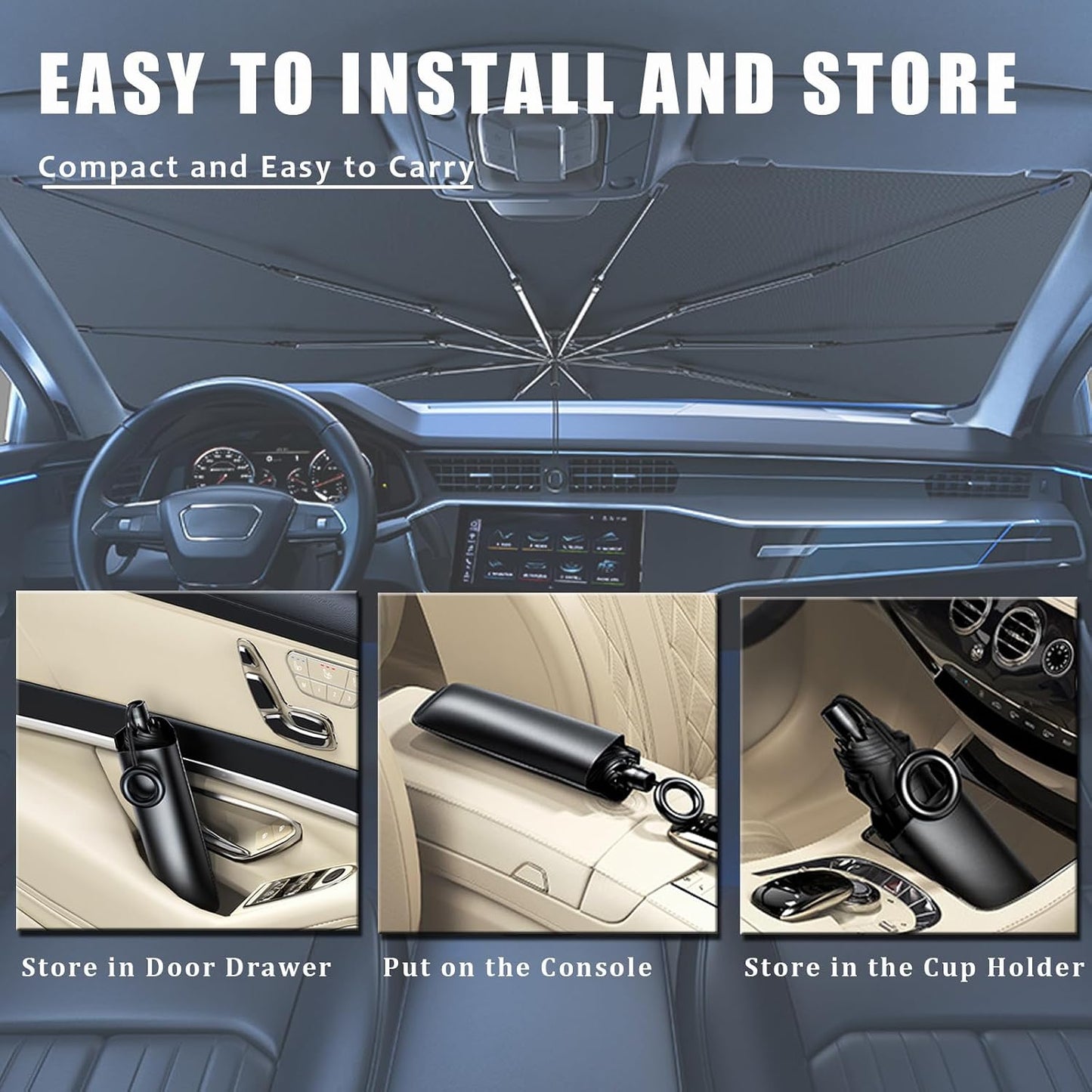 JDDRY Front Windshield Sun Shade with Pull Cord, Umbrella Sun Shade for Windshield, 2024 Car Umbrella Front Sun Shades Cover for Pickup/Large SUV/Truck/Minivan (150x82cm)
