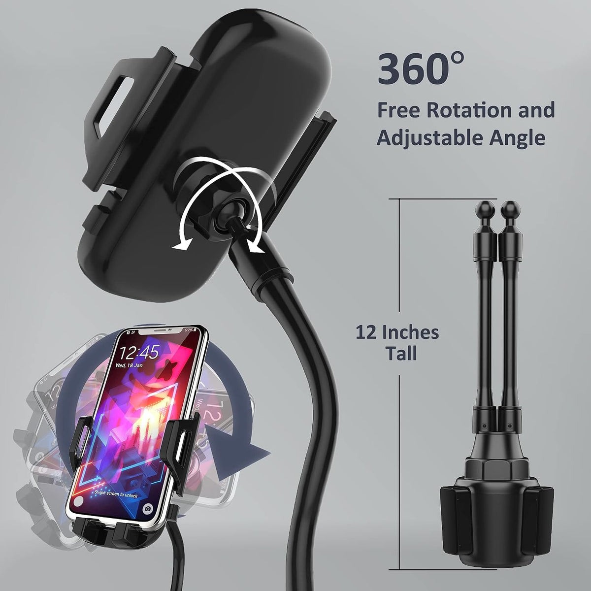 Dual Phone Holder for Car Cup Holder – Long Flexible Neck, 360° Rotatable Car Phone Mount - Adjustable Cell Cup Holder, Universal Size Fits 2 iPhone, Samsung, GPS and More (Cradle)