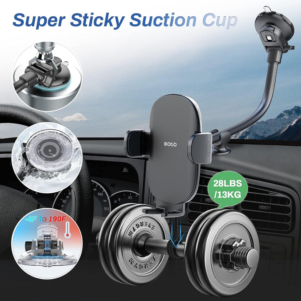 OQTIQ 13-Inch Gooseneck Suction Cup Car Phone Mount for Windshield