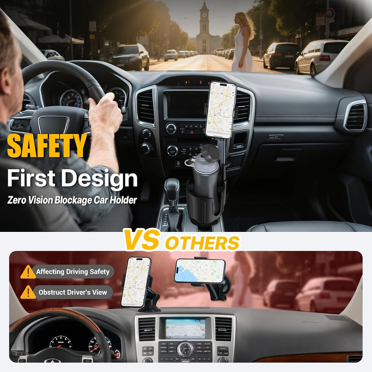 2-in-1 Cup Holder Phone Mount for Car - Upgraded Anti Shake