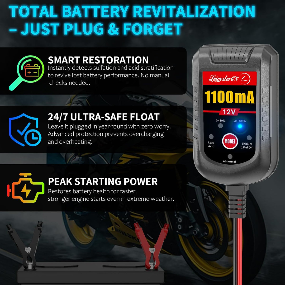 Motorcycle Battery Charger and Maintainer 12V, 1.1Amp Smart Trickle Charger - Automatic Float Charger for Cruiser Sport Bike ATV Scooter Dirt Bike Lawn Mower, LiFePO4 Lithium Lead Acid AGM Gel