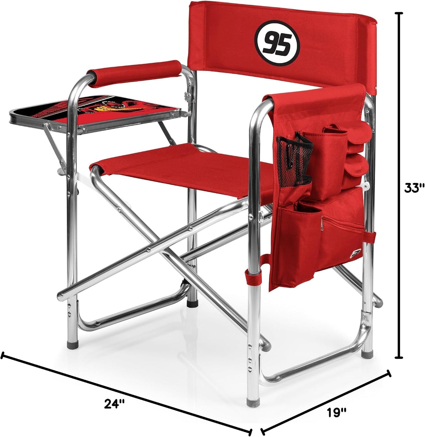 PICNIC TIME Disney Cars Lightning McQueen Sports Chair with Side Table, Folding Beach and Camp Chair, Portable Outdoor Chair with Carry Strap and Storage Pockets, (Red)