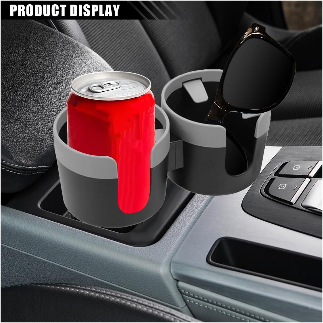 Car Double Cup Holder Extender, 2-in-1 Car Cup Holder Adapter with Adjustable Base, Universal Multifunctional Cup Holder Organizer for Beverage, Snack, Cup, Bottle Storage (Grey)
