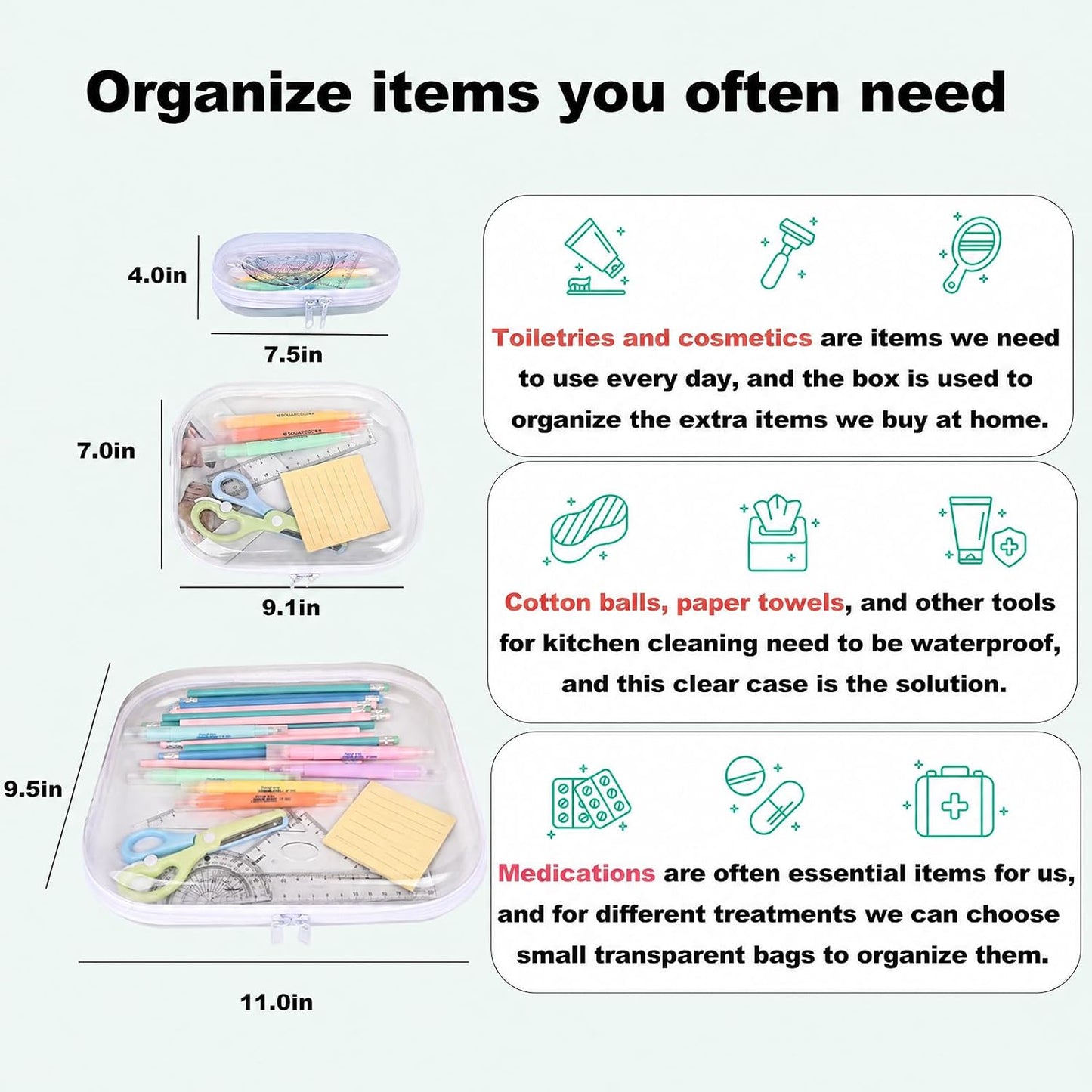 Clear Hard Shell Zipper Case,3PCS Transparent Clear Laser Zipper Pouches,Hard Side Plastic Case Set,Portable Travel Storage Organizer Bins