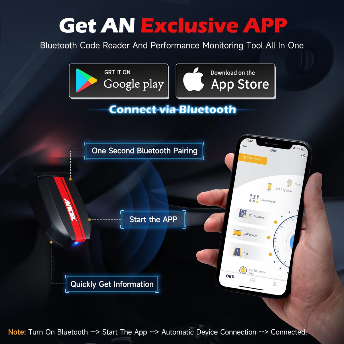 ANCEL BD200 OBD2 Scanner Bluetooth - Code Reader & Check Engine Diagnostic Scan Tools with Car Battery Test, Exclusive App on iOS & Android, Wireless OBDII Adapter Works for 1996 & Newer Vehicles