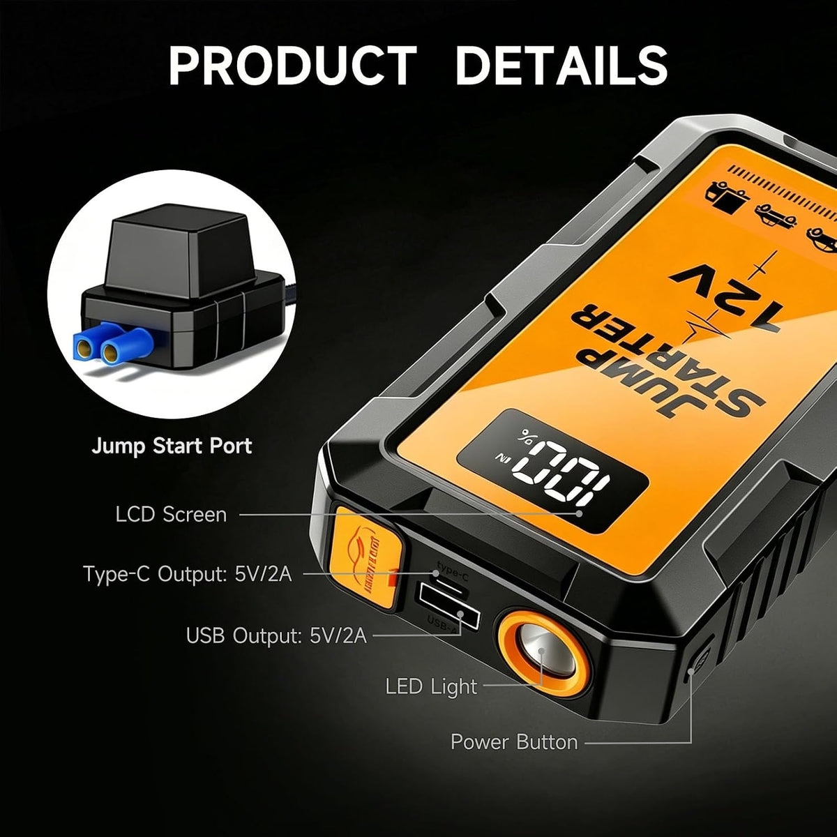 6000A Car Jump Starter, Battery Jump Starter Portable for 6L Gas Engines,12V Battery Jump Box with Jumper Cables, Power Bank with USB Type-C Ports