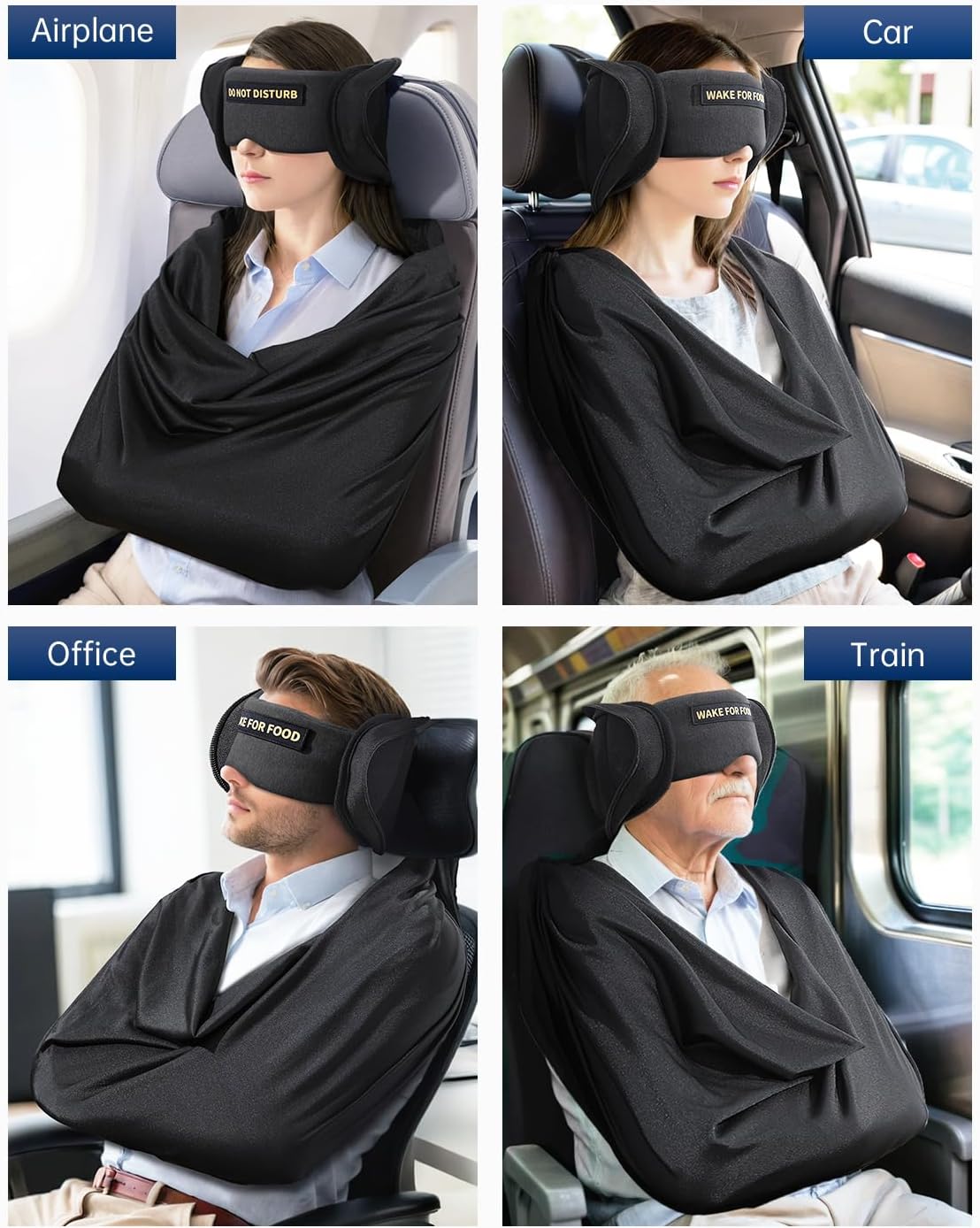 Travel Pillow and Blanket Set, Compact Airplane Pillow Bag with Eye Mask for Long Flights Sleeping, 360° Support Head Strap Travel Essentials for Plane Sleep Neck Upright, Stop Head Bodding (Black)