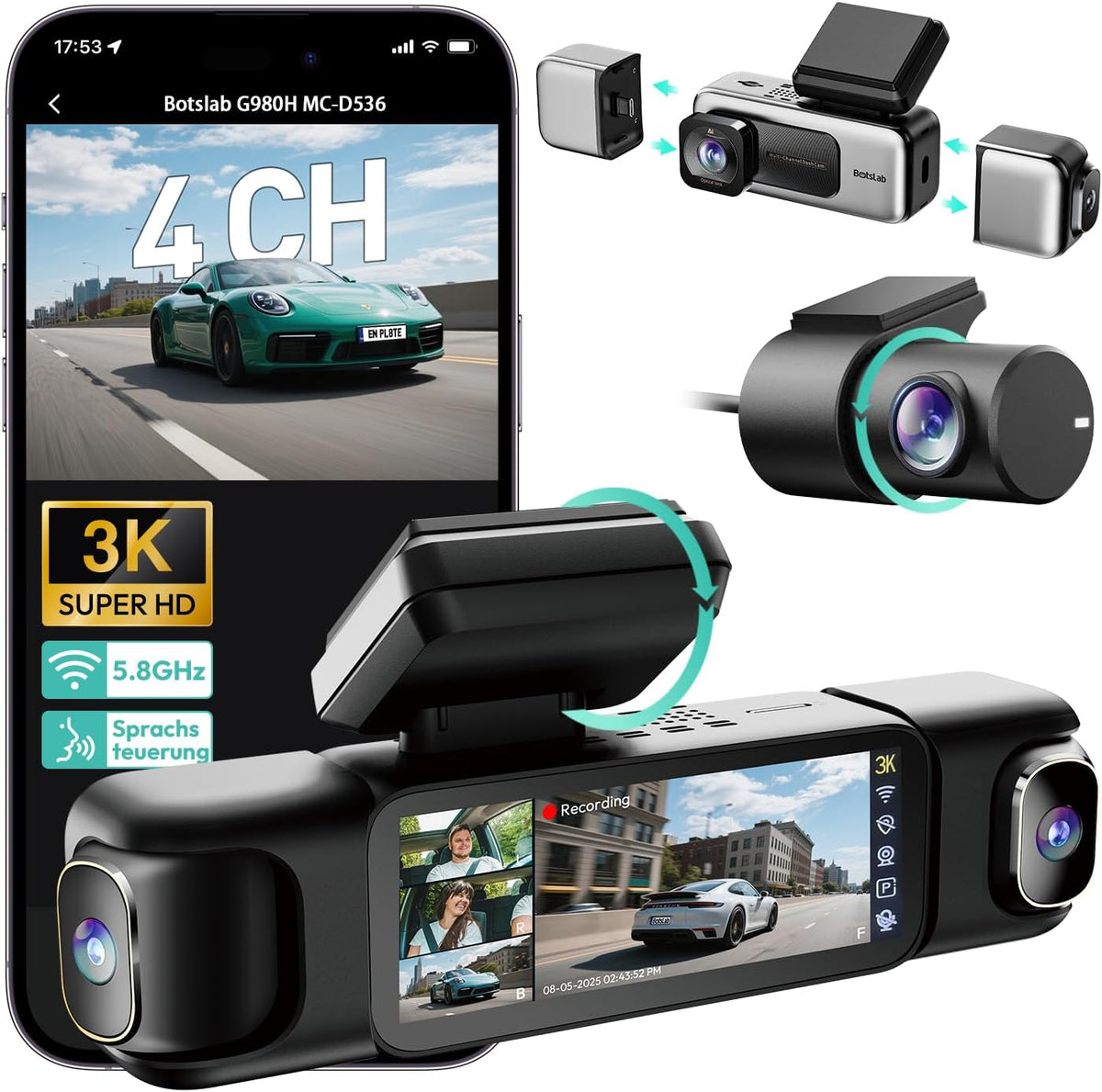 BOTSLAB 4 Channel 360° Dash Cam, Voice Control, App Control (No SD Card)