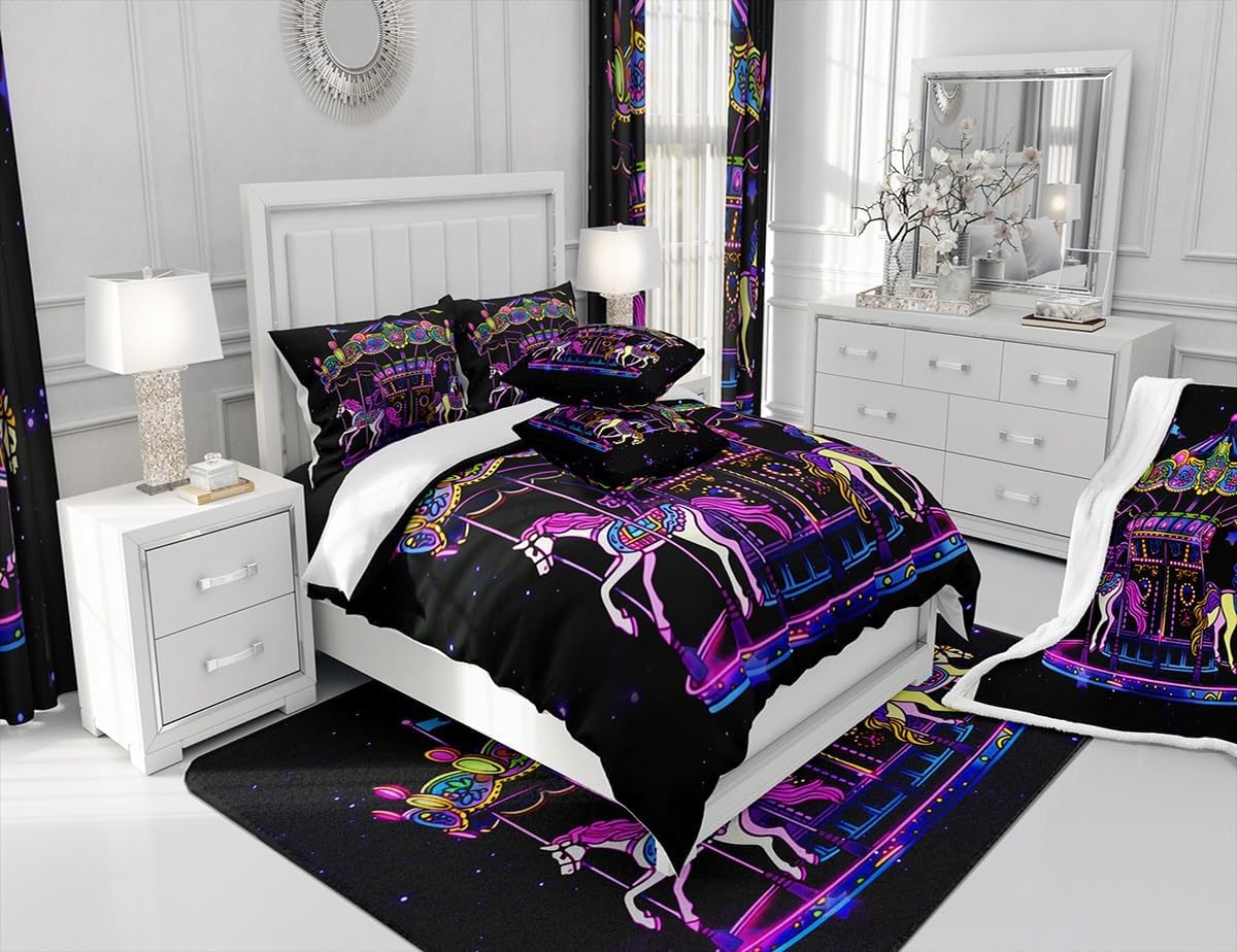 Amusement Park Circus Theme Bedding Set Full Size,Kids Carousel Comforter Set Girls Boys Teens Room Decor Cartoon Animals Horse Print Quilt Set Romantic Dreamy Black Purple Duvet Insert,2 Pillowcases