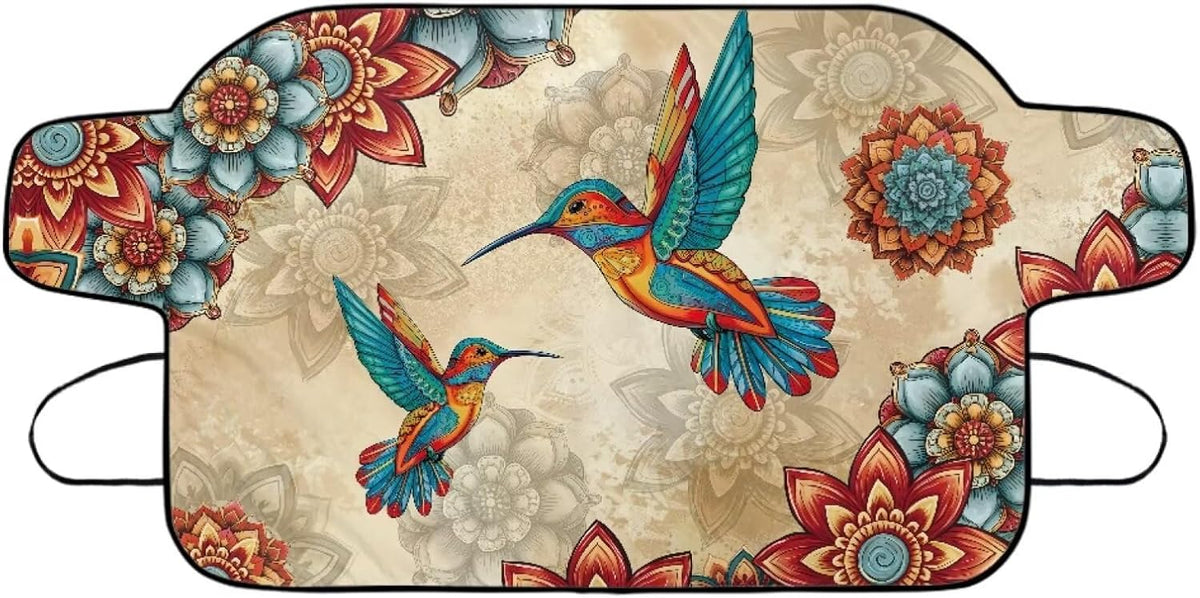 Boho Mandala Hummingbird Print Windshield Snow Cover for Cars, Auto Windscreen Covers Car Winter Ice Sunshade Protector Includes Anti-Theft Straps Fits Most Trucks, Vans, SUVs