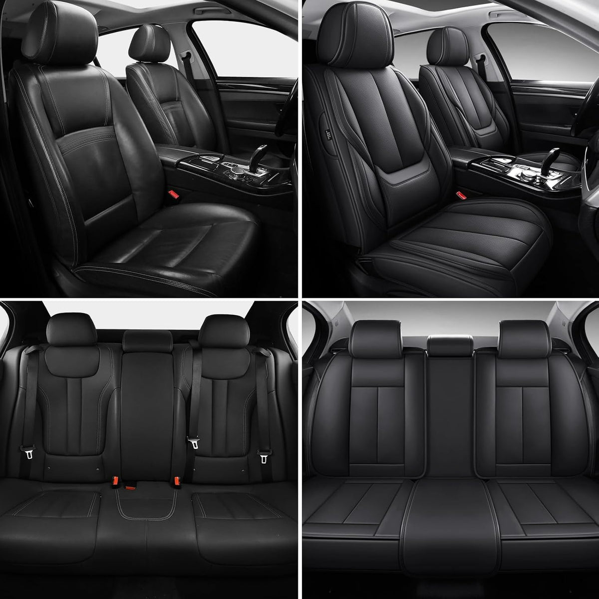 MINGBRON Black Car Seat Cover with Lumbar Support, Car Seat Protector Waterproof, Nappa Leather Car Seat Cushion, Car Seat Covers Front Seats and Back Fit for Most Cars