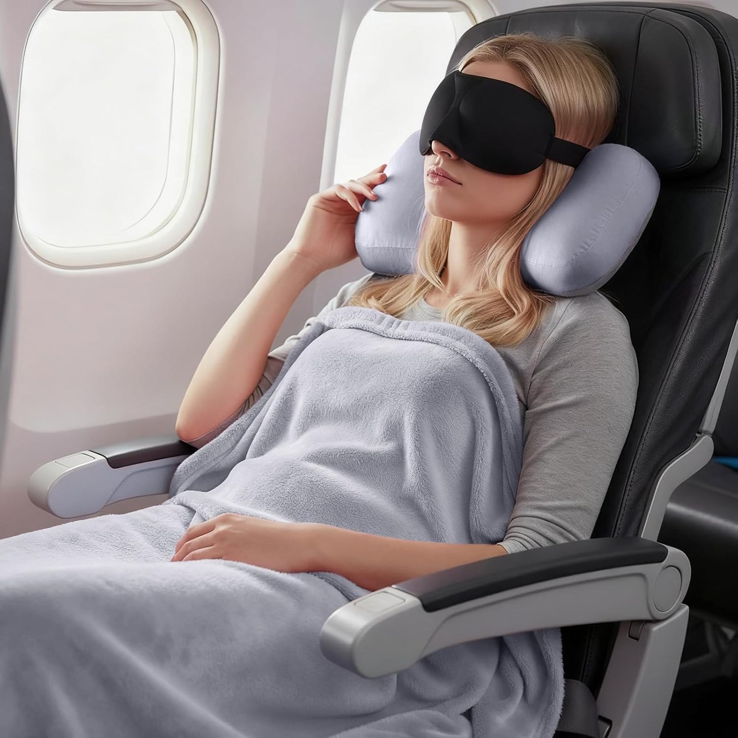 urnexttour 4-in-1 Travel Pillow & Blanket Set with Eye Mask, Memory Foam Neck Support, 50x65 Inch Blanket, Storage Bag for Airplane, Car, Train, Home Travel Grey