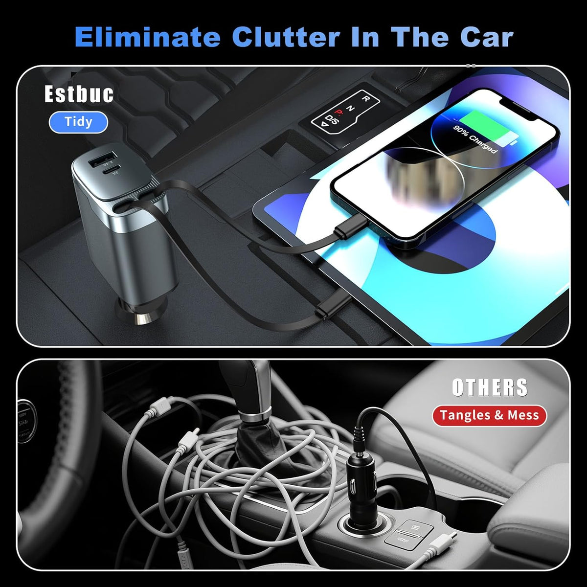 84W Retractable Car Charger, 4-in-1 Car Charger USB C Fast Charge Adapter