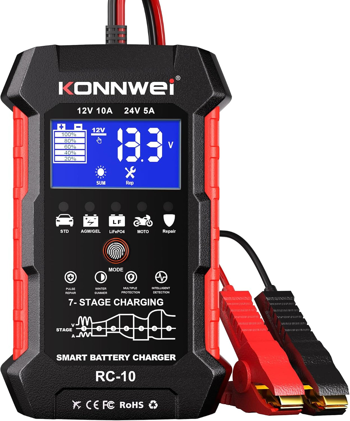 KONNWEI 12V/24V Battery Charger,Smart Trickle Charger Maintainer LiFePO4