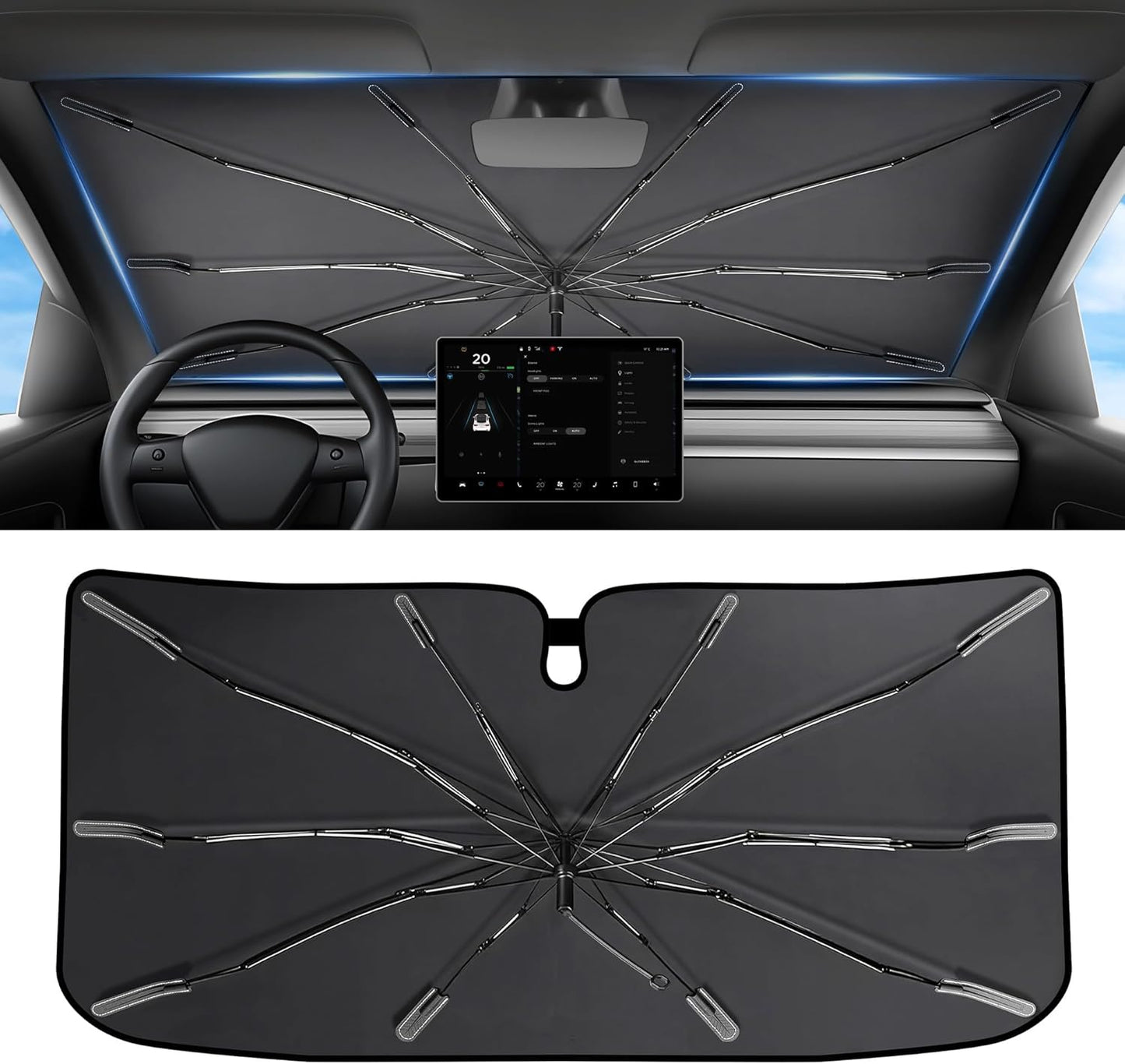 2026 Upgraded Windshield Sun Shade Umbrella [7-Layer Vinyl Coating Heat Shield] Foldable Front Window Sunshade Umbrella Flexible Handle Protect Interior from UV Keep Car Cooler (57" x 31")