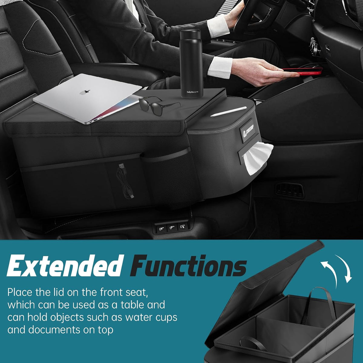 Car Seat Organizer - Kids Car Organizer Between Seats, Front with Tissue Box & Cup Holder, 1680D Oxford for High Strength Road Trip, Cross-country Driving No Damaged