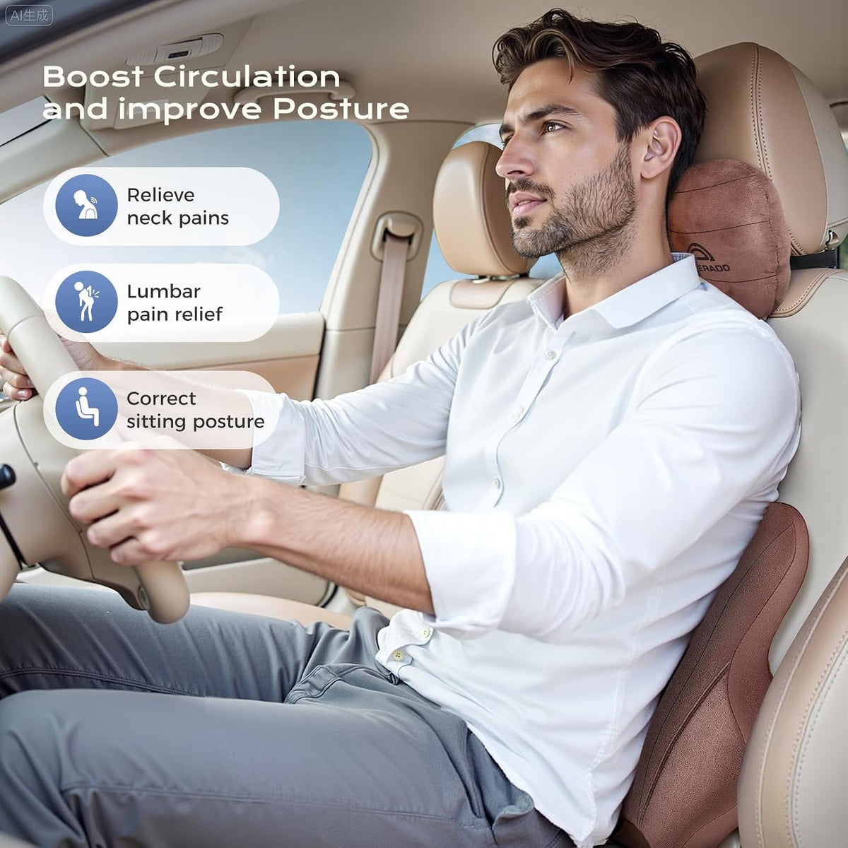 Coverado Car Lumbar Support Pillow and Car Neck Pillow Kit, Ergonomic Design Car Headrest Pillow for Driving, Relax Back Head Muscles Relieve Driving Fatigue, Breathable & Removable Cover, Coffee
