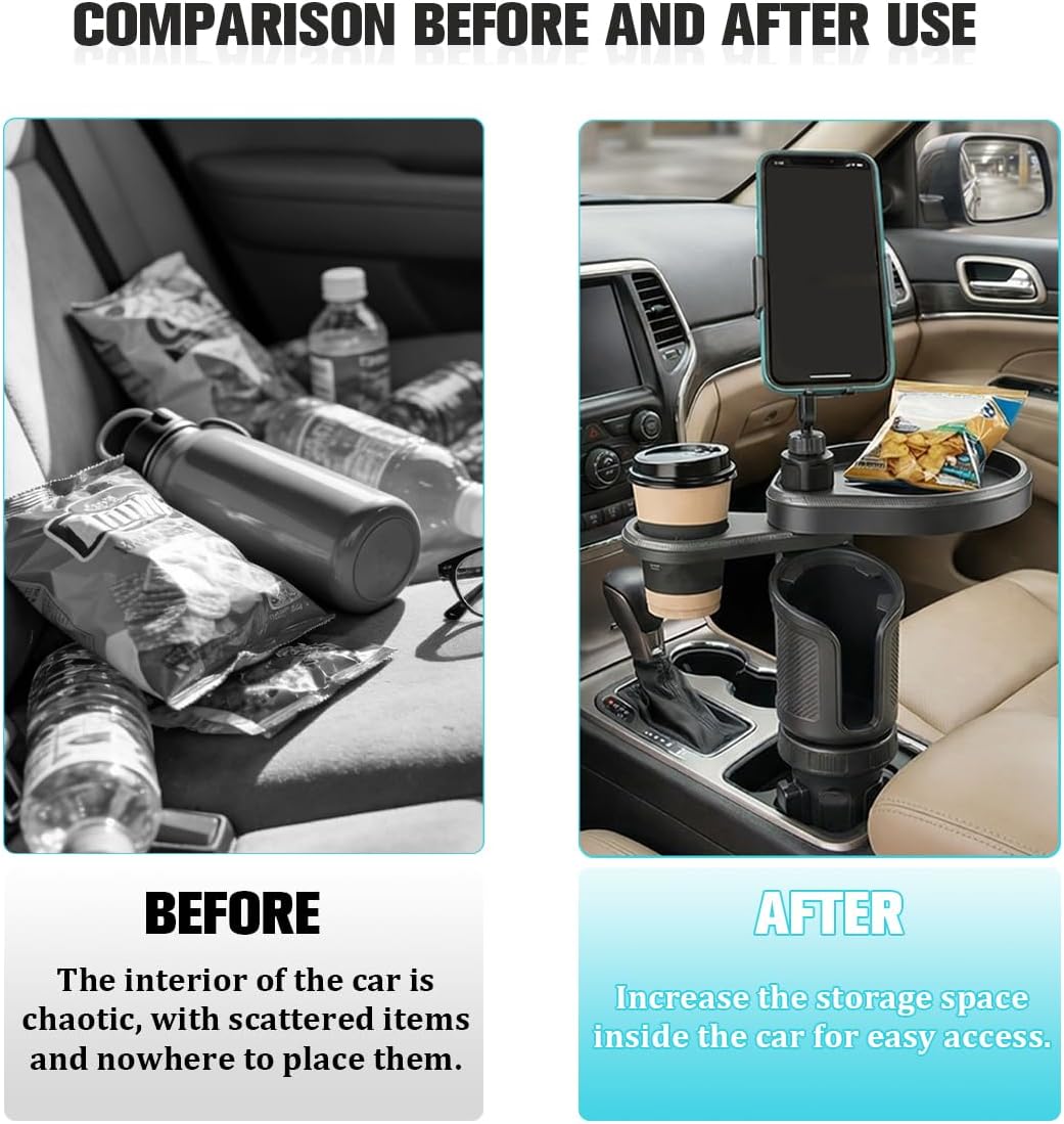 Car Cup Holder Tray, 3 in 1 Multifunctional Vehicle Food Water Bottle Phone Holder Expander Adapter with Adjustable Base, Detachable Auto Interior Food Tray Table, Universal Fit (Black)
