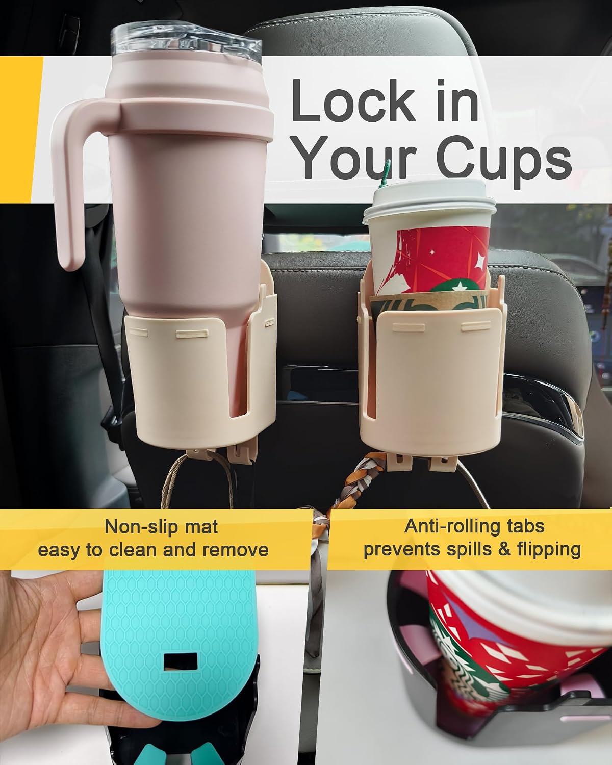 Headrest Cup Holder for Back Seat, Stable Spill-Resistant Drink Holder with Hooks for Bags, Fits 50oz Bottles, Compatible with Sedans, SUVs, and Trucks 2 Pack