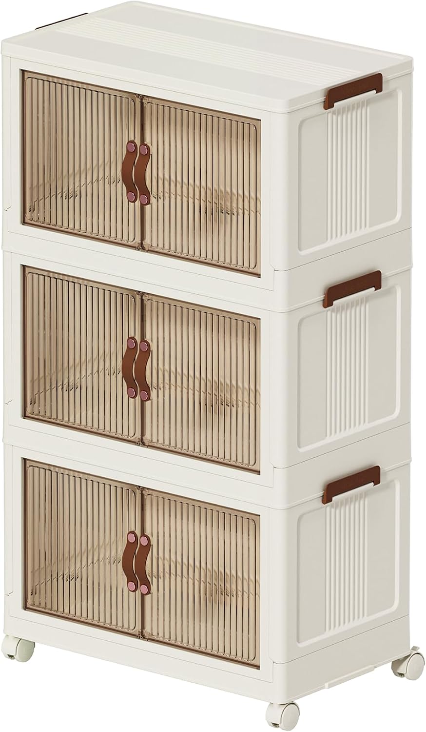 Collapsible Storage Bins with Lids - Stackable Plastic Closet Organizers for Clothes, and Home Organization White (3-rack, 17 Gal/rack)
