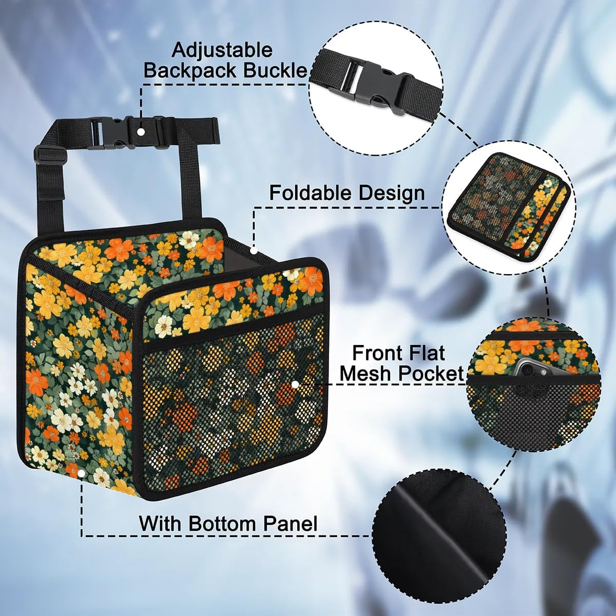 Car Backseat Organizer, PU Leather Back of Seat Cars Hanging Organizer with Pockets Leakproof Car Garbage Bag Hanging Cars Seat Storage Box Travel Accessories Foldable (Flowers Green)