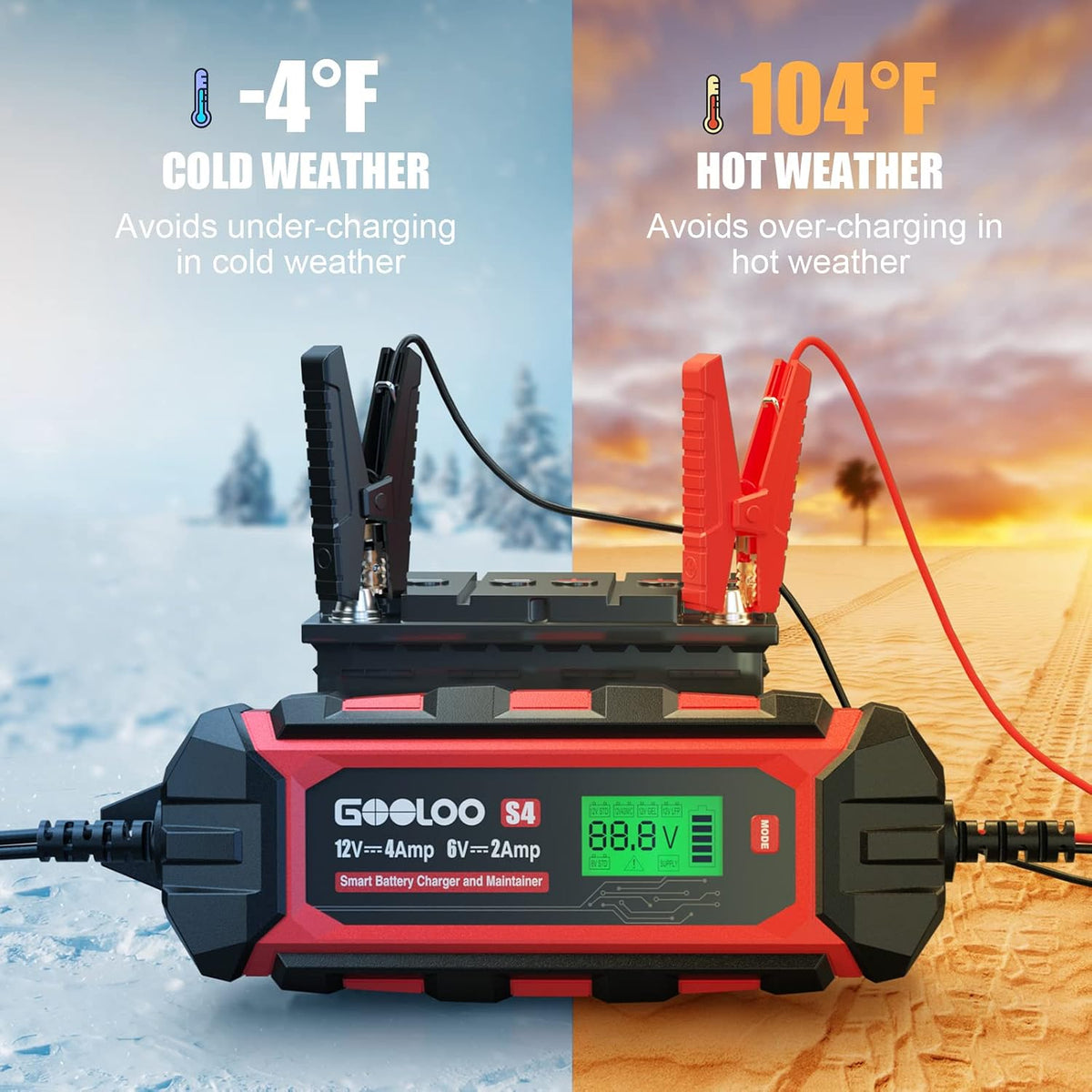 GOOLOO S4 4A Car Battery Charger, 6V/12V Smart Trickle Charger Maintainer