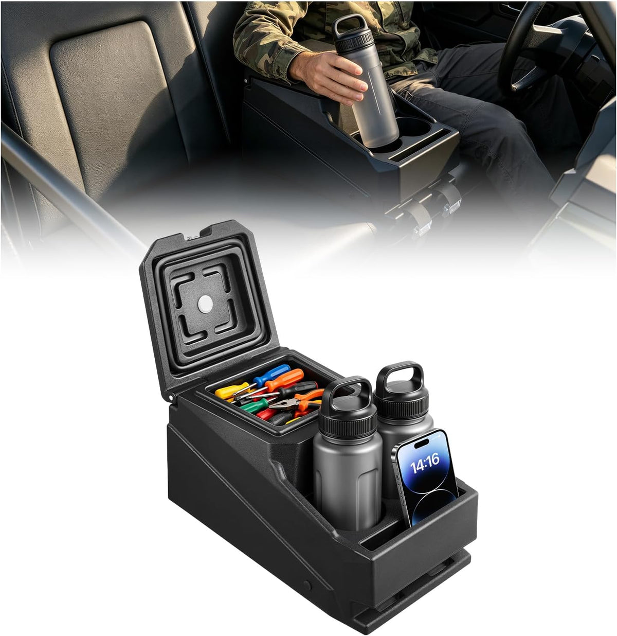 VEVOR UTV Center Console Bench Seat Box Lockable Armrest Storage Box, HDPE Central Console Tools Organizer with Cups and Phone Holder - Compatible with Polaris Ranger & 2017-2026 Can-Am Defender