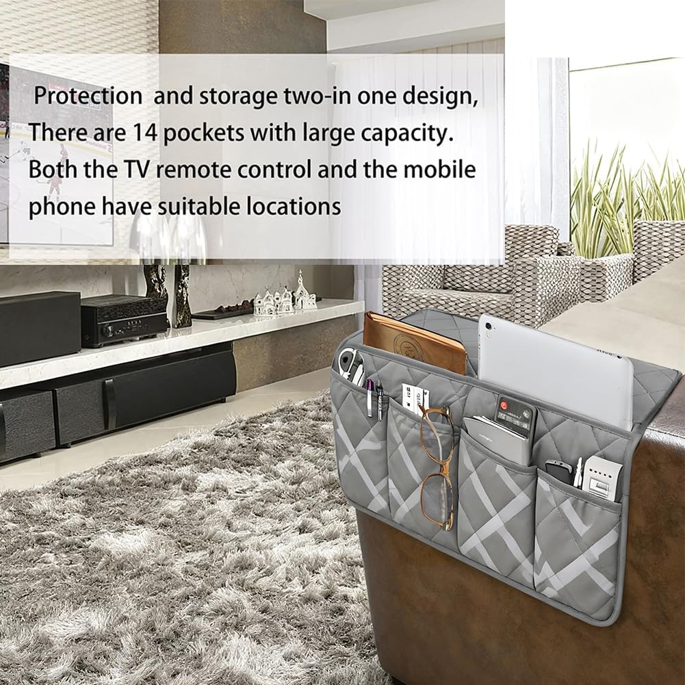 Armchair Caddy,Non Slip Sofa Armrest Organizer, Couch Armrest Remote Control Holder,Waterproof Recliner Arm Caddy with 14 Pockets for Cell Phone TV Remote Control