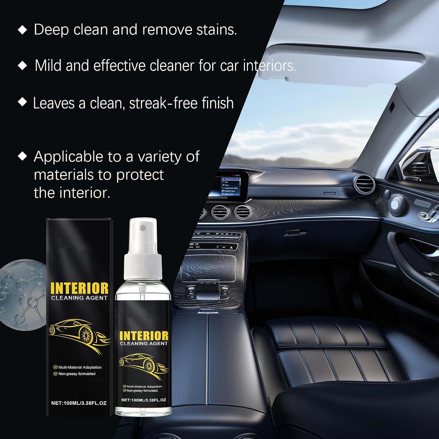 Multi-Purpose Car Interior Cleaner for Leather, Seats, Fabric, Vinyl, Car Cleaning Supplies, Interior Detailer Spray, Remove Stain, Dust and Grime, Gloss Restore (4Pcs)