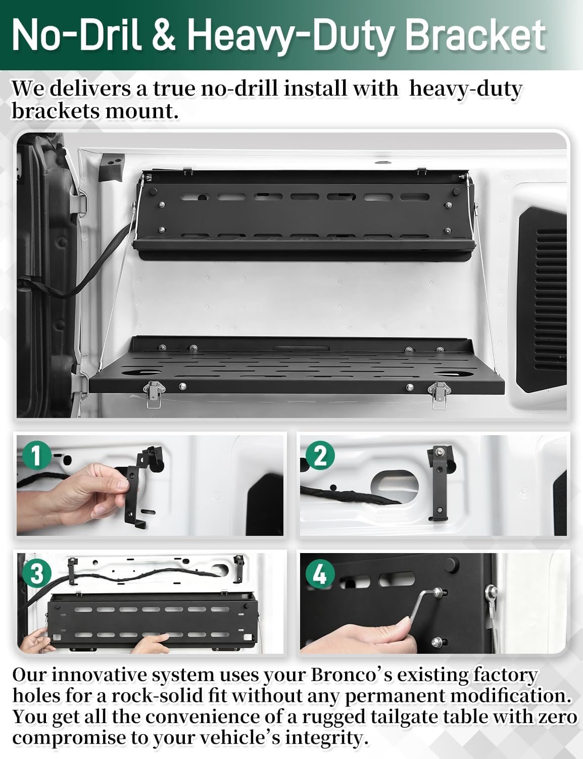 JROAD Bronco Double Layer Tailgate Table for 2021 2022 2023 2024 2025 2026 Ford Bronco 2/4 Door Rear Foldable Cargo Shelf Storage Shelf MOLLE Panel Bronco Accessories