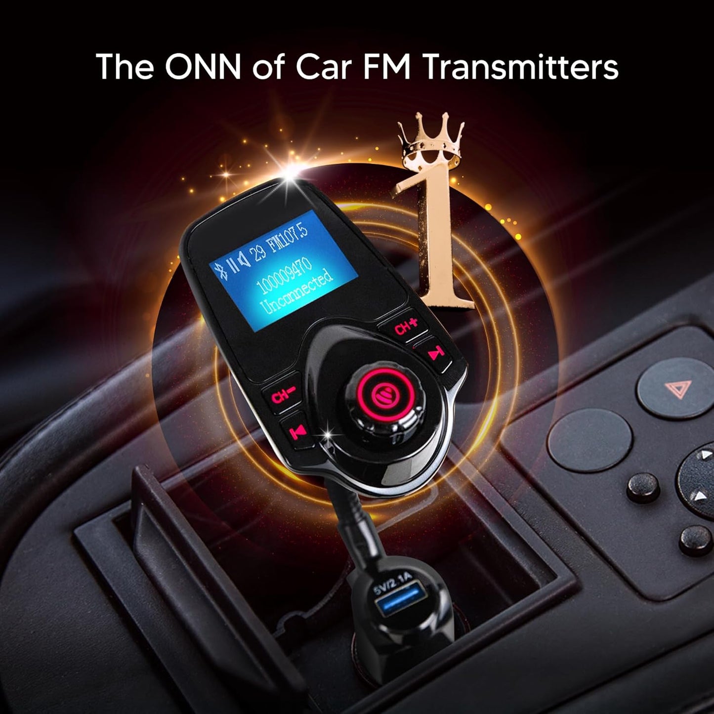 ONN FM Transmitter for Car - Bluetooth Car Adapter, Dual USB Fast Charging, Stable Bluetooth 5.0, 1.44" LCD Display, Hands-Free Calling, Flexible Gooseneck, AUX & MicroSD, 12V-24V, Black