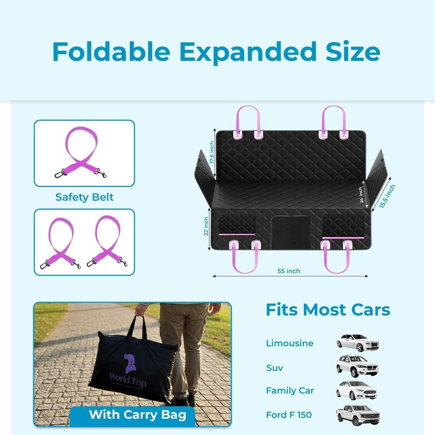 World Trip Dog Car Seat Cover for Back Seat, Hard Bottom 450 LB, 2026 Upgraded Oxford Fabric, Back Seat Extender for Dogs, Mesh Window, Waterproof Scratchproof, Extra Hair Glove, Fits Cars SUVs Trucks