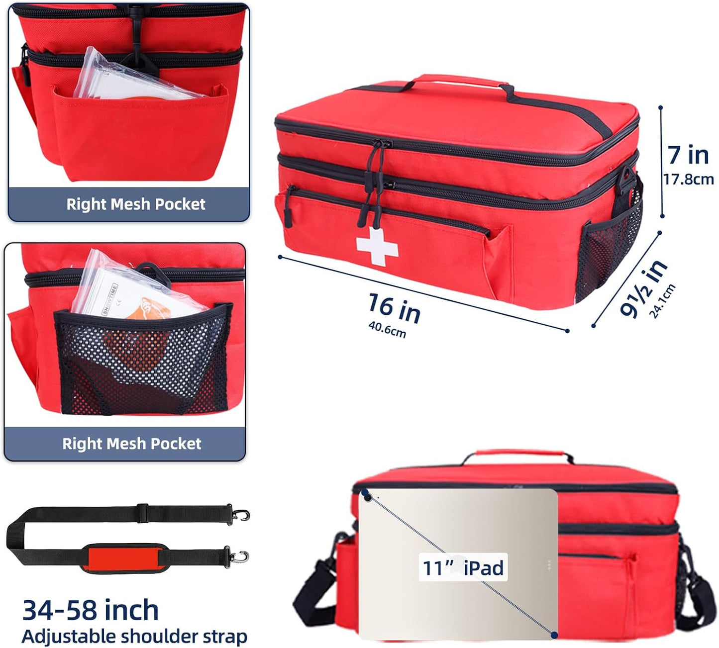 ALSLEA First Aid Bag Empty Large 2 Layer Medical Bag with Shoulder Strap 16”x 9½” x 7” Medicine Organizer Box Travel First Aid kit Emergency Supplies Storage Bag for Car, Home, Office, Outdoor (Red)