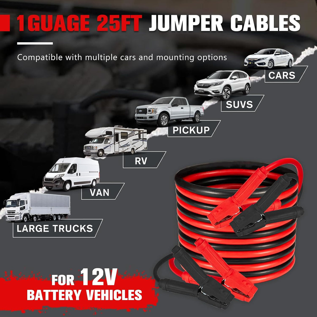 FIERYRED 1 Gauge 25 FT Quick Connect Jumper Cables, 1000A Heavy Duty Booster Cables with Travel Bag，Battery Jumper Cable for Truck, Diesel Trucks, SUV and Car