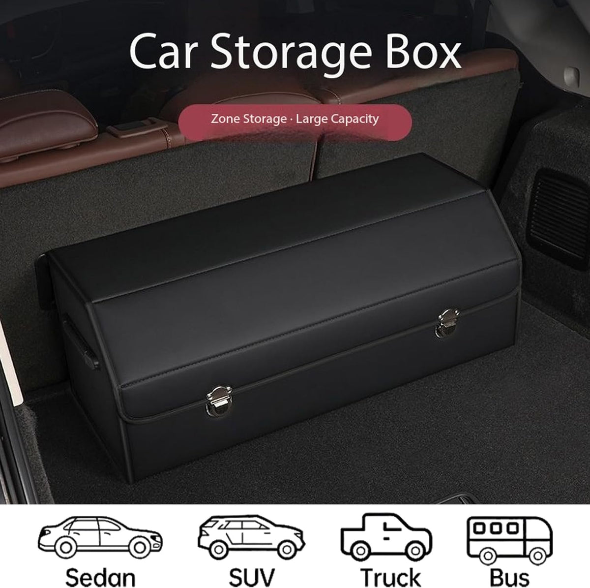 Leather Storage Box Car Trunk Organizer with Lid, Foldable PU Leather Cargo Storage Bin for SUV Sedan Truck, Portable Auto Organizer for Grocery Tool Storage, Black 29.5" L*12.2" W*11.8" H