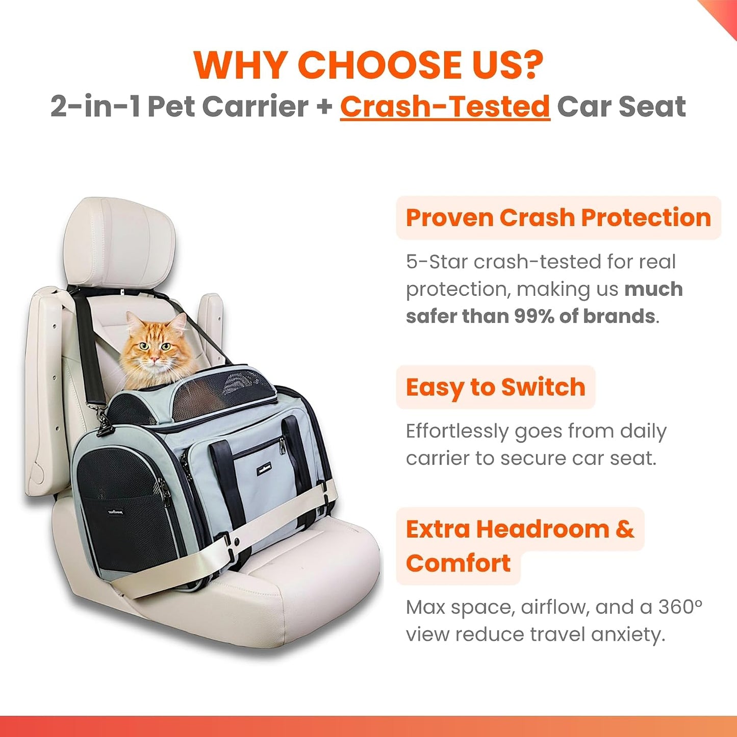 Crash-tested Top and Side Expandable Cat Carrier Large & Small Dog Car Seat - CPS Certified for Crash Protection & Safe Pet Travel (20x13x13)