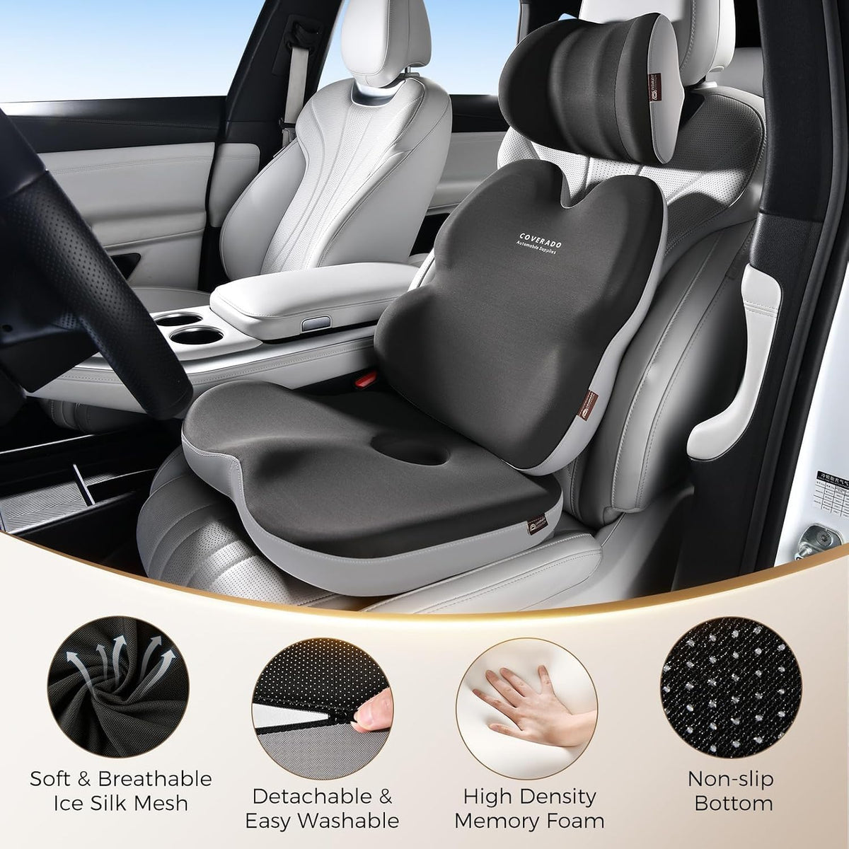 Coverado Seat Cushions Neck Pillow Lumbar Support Pillow for Car, Memory Foam Office Chair Back Support Orthopedic Coccyx Cushion with Non-Slip Bottom Neck Butt Back Pillow for Chair Truck Gray&Black